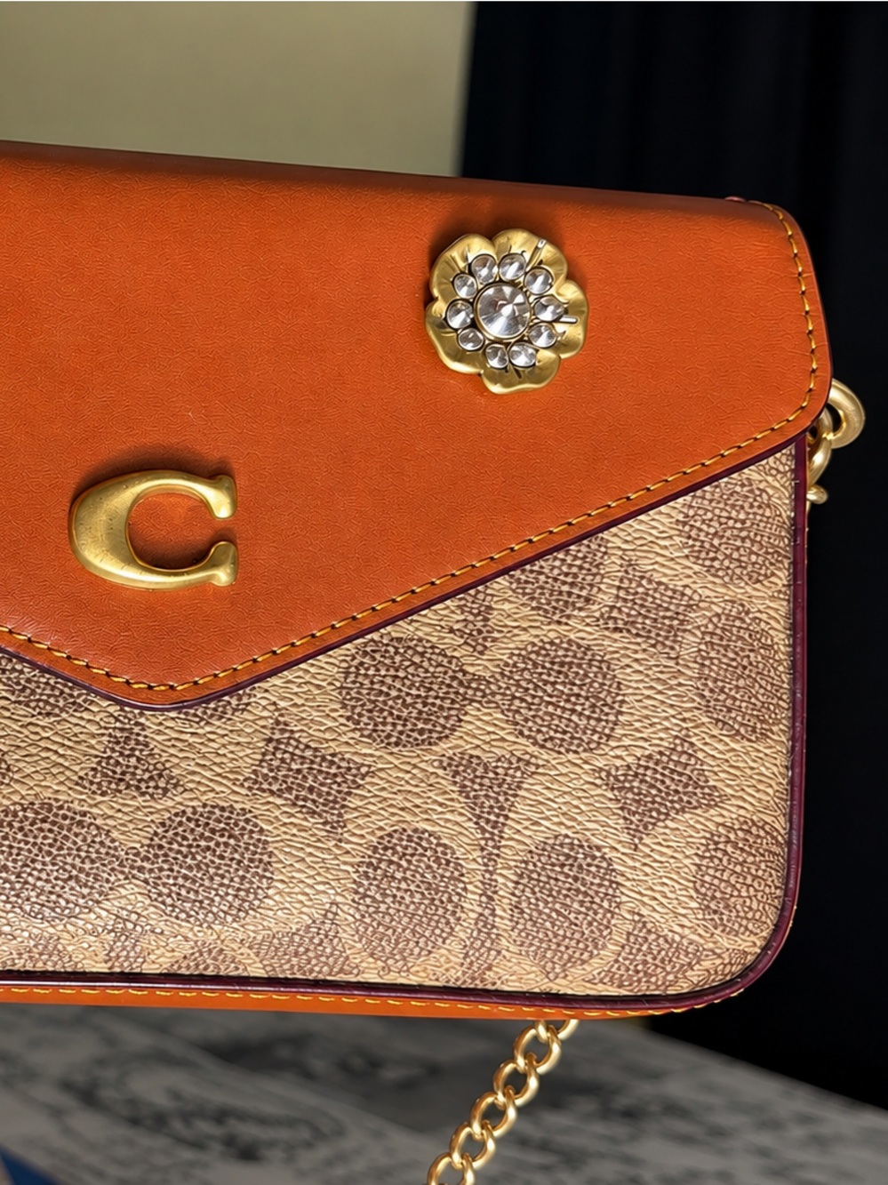 Coach Orange Leather and Signature Canvas Crossbody Wallet with Gold Accents